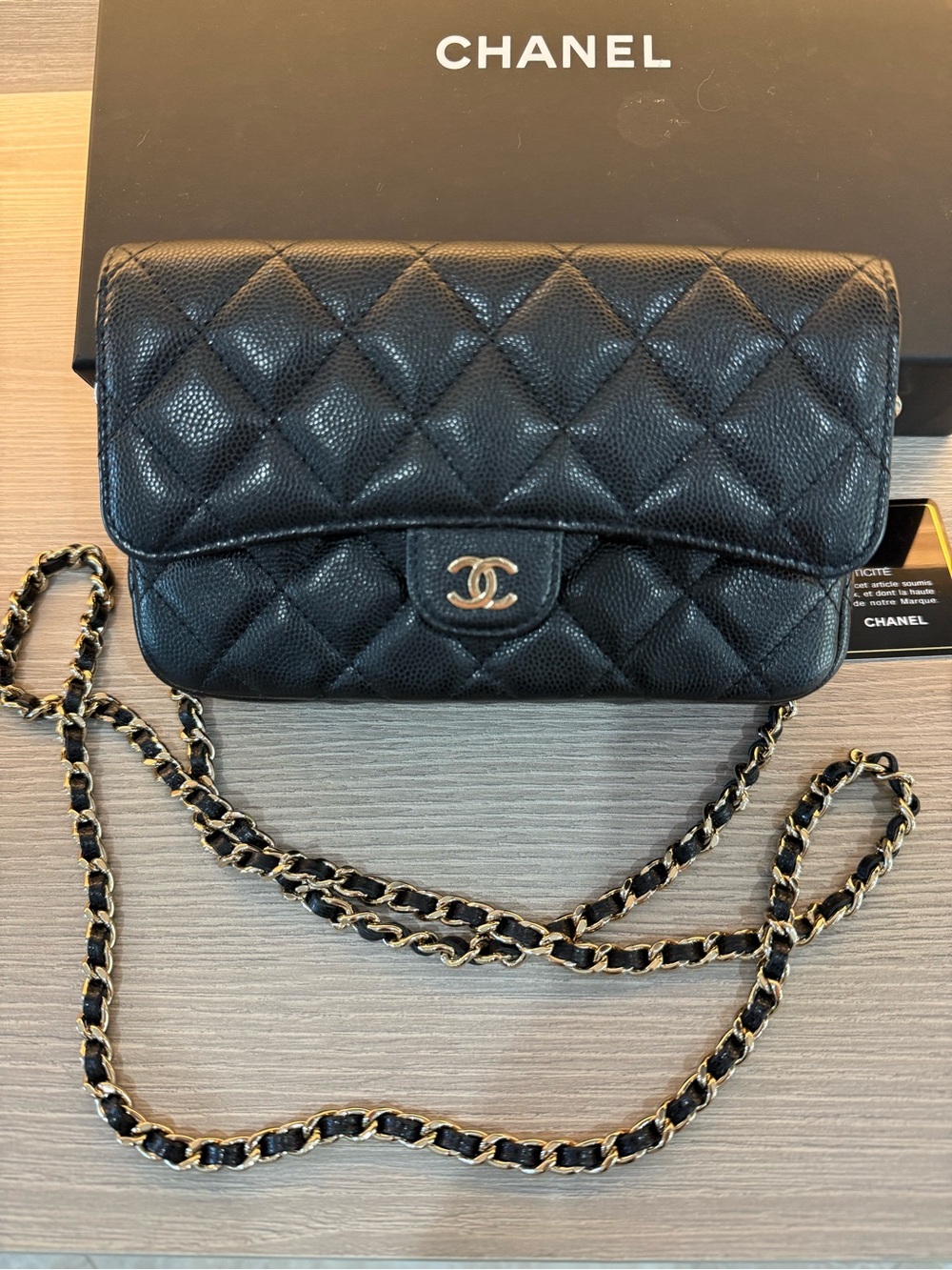 CHANEL Black Caviar Quilted Classic Phone Holder with Chain